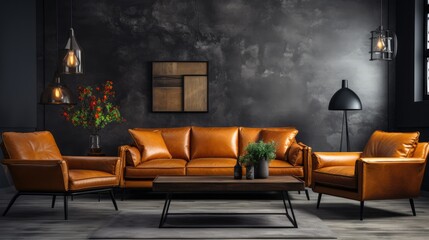 Canvas Print - Interior living room wall with leather sofa and decor