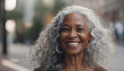 Beautiful black woman with smooth healthy face skin. Gorgeous aging mature woman with long gray hair and happy smiling. Beauty and cosmetics skincare advertising concept.