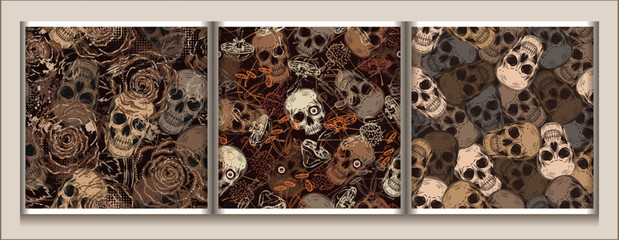 Sticker - Brown grunge camouflage patterns with human skulls, outline mushrooms, roses. Grunge style. Textured background behind. Good for apparel, clothing, fabric, textile, sport goods.