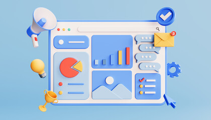 Fototapete - Digital marketing concept with icons, social network and media symbols. Landing page template. 3D illustration