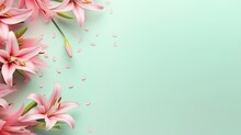  Pink Lilies On A Green Background With Drops Of Water.  Generative Ai