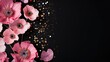  a bunch of pink flowers on a black background with gold confetti.  generative ai