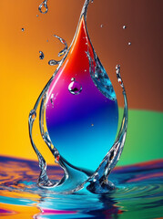 A vibrant, colorful water drop, slowly cascading down a glass surface.