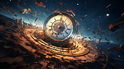 Wall Mural - space and time clock destroying galaxy, generative ai