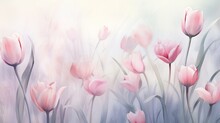  A Painting Of Pink Tulips In A Field Of Grass.  Generative Ai