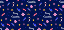 Christmas Seamless Background With Text. Firecracker, Candy Cane, Snowflakes, Stars And Other Festive Christmas Elements. Vector Background In Flat Style. For Printing On Wrapping Paper, Textiles.