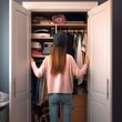 Woman standing in a closet with in the style of schoolgirl lifestyle