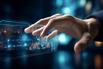 Poster - A tech-savvy businessman interacts with a holographic interface, merging innovation and technology.,Navigating the digital future