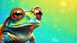  a frog with large round glasses on its face and a green background.  generative ai