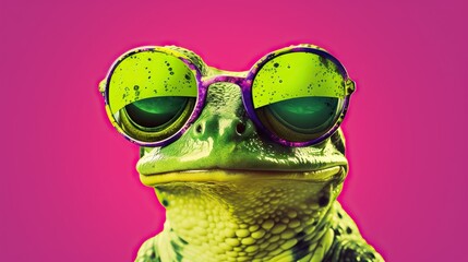 Wall Mural -  a green frog with purple glasses on its face and a pink background.  generative ai