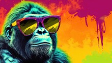  A Gorilla With Sunglasses On Its Face And A Paint Splattered Background.  Generative Ai