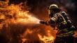 © MP Studio - Portrait of a firefighter in equipment. Firemen using water from hose for fire fighting.