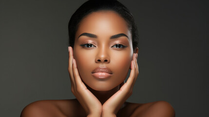 Beauty portrait of African American girl . Beautiful black woman touch her face . Facial treatment . Cosmetology , skin care and spa .