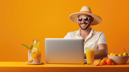 Canvas Print - Man works on his laptop during his vacation