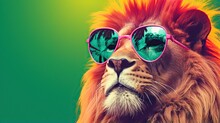  A Lion Wearing Pink Sunglasses With A Green And Yellow Background.  Generative Ai