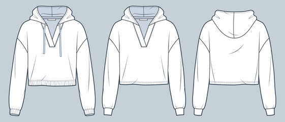  Crop Hoodie technical fashion illustration. Hooded Sweatshirt fashion flat technical drawing template, different bottoms, v-neck, oversize, front, back view, white, women, men, unisex CAD mockup set.