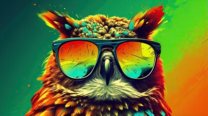  a colorful owl wearing sunglasses and a hat on its head.  generative ai