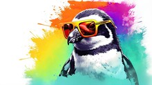  A Penguin With Sunglasses On Its Head And A Rainbow Background.  Generative Ai