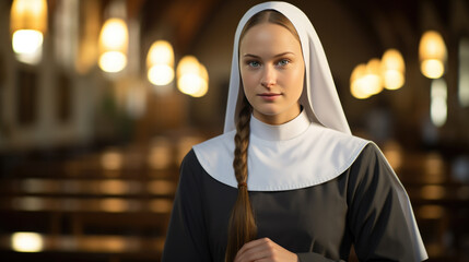 Portrait of a nun against a church background