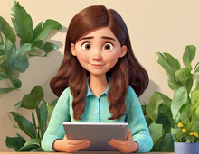 A Cartoon Girl Holding A Tablet In Front Of A Plant.