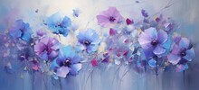 A Vibrant Floral Painting With Purple And Blue Flowers Against A Serene Blue Background