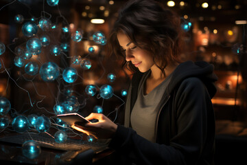 Aufkleber - Global Connectivity. Person video-calling with friends from around the world, embodying the virtual connections in the desire to go everywhere. Generative Ai.