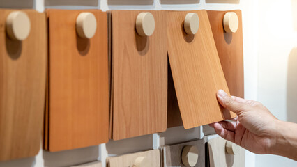 Wall Mural - Designer hand picking wood samples board from material swatch wall display in material library. Choosing wooden laminate texture in brown tone collection for interior architecture or furniture design