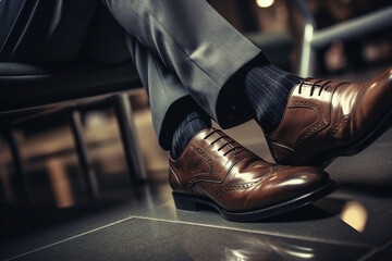 Poster - Close up generative AI photography of man going to the office in classic leather shoes