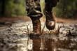 © Tetiana - Made with generative AI close up image of a military male person running on rainy muddy battlefield ground