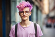 Photo portrait made by generative AI of non binary person with bright pink hair gay lgbt parade