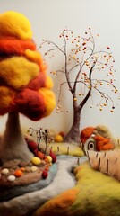  Artistic small autumn landscape made out of felted wool in orange and fall colors. Tiny park, cute buildings. Your inner child enjoying those beautiful art creations, seasonal celebration. Still life.