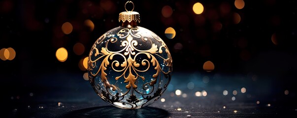 Wall Mural - Intricate, decorated, luxury Christmas bauble with gold and silver hanging on a bokeh background. Beautiful setting for holiday card, season greetings, celebration. Precious xmas ornament.