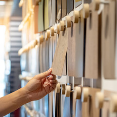 Wall Mural - Designer hand picking wood samples board from material swatch wall display in material library. Choosing wooden laminate texture in beige tone collection for interior architecture or furniture design