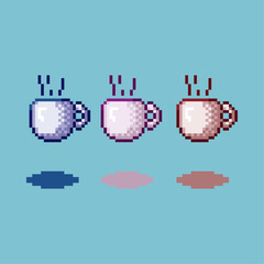 Poster - Pixel art sets of  cup  with variation color items asset. Blue,purple,and red  cup on pixelated style.8bits perfect for game asset or design asset element for your game design asset.