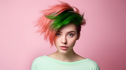 Colorful studio portrait of a cool teenager girl with a crazy haircut. Bold, vibrant and minimalist. Generative AI