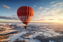 A Person Captures The Breathtaking View From A Hot Air Balloon As It Soars Above A Winter Wonderland, Offering A Unique Perspective. Generative Ai.