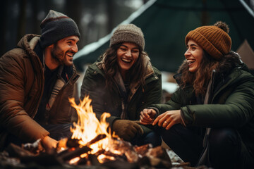 A group of friends sets up a cozy campfire in the woods, sharing stories and roasting marshmallows during a winter camping trip. Generative Ai.