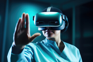 Poster - A close-up of a person's hand operating a virtual reality headset for medical training and simulations. Generative Ai.