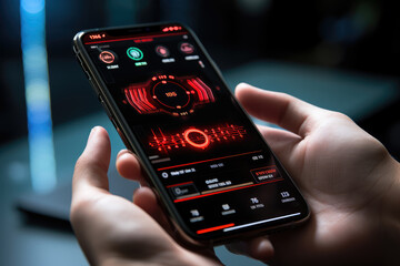 Canvas Print - A close-up of a person's hand using a smartphone app to monitor their vital signs and health data. Generative Ai.