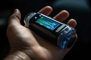 Poster - A close-up of a person's hand utilizing a smart insulin pump for precise diabetes management. Generative Ai.