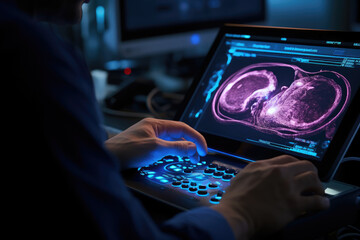 Poster - a close-up of a person's hand using a handheld ultrasound device for point-of-care medical imaging. 