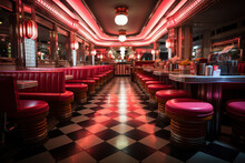 A Retro-style Diner With Checkered Floors, Vinyl Booths, And A Neon Sign Outside. Generative AI.