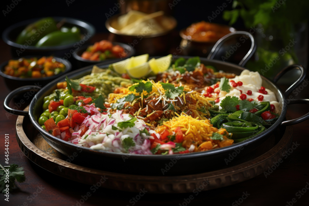 Ethnic Flavors. Plates of Indian, Mexican, and Middle Eastern dishes ...