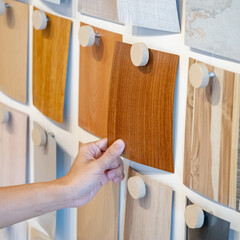 Wall Mural - Designer hand picking wood samples board from material swatch wall display in material library. Choosing wooden laminate texture in brown tone collection for interior architecture or furniture design