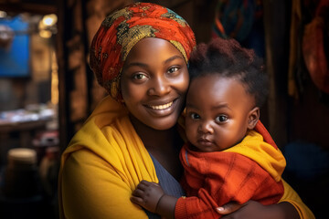 colorful close up portrait of happy smiling african woman mother holding and hugging her baby agains