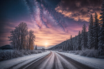 Wall Mural - road leading towards colorful sunrise between snow covered trees with epic milky way on the sky