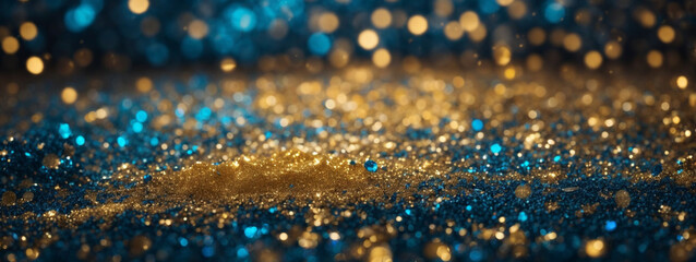 Wall Mural - blackground of abstract glitter lights. blue, gold and black. de focused. banner
