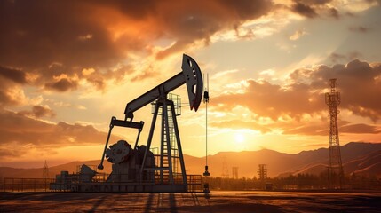 Oil pump rig energy industrial machine for petroleum on sunset background