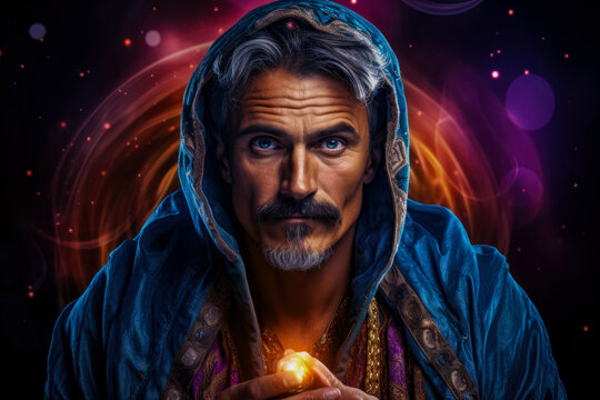 Man in the mystical costume of a fortune teller isolated on a vivid background with a place for text 