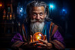 Old man in the mystical costume of a fortune teller isolated on a vivid background with a place for text 